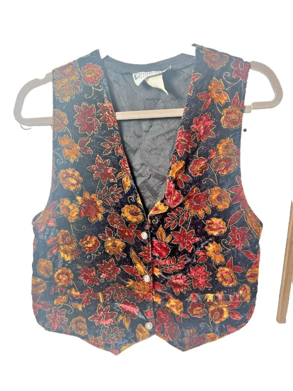 Bonkers Velvet Vest Floral Colorful Black Flowers M  Retro Whimsical    N